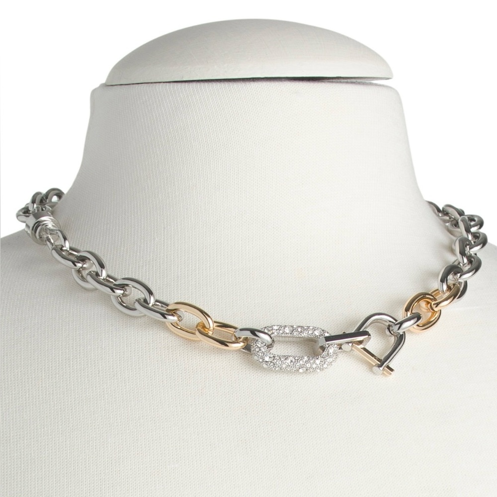All Saints Two Tone Chain Link Necklace with Crystals